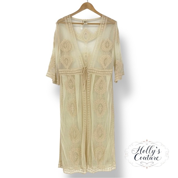Forgotten Grace Beautiful Long Line Cardigan or Duster Sheer Cream Size Large - Picture 1 of 11